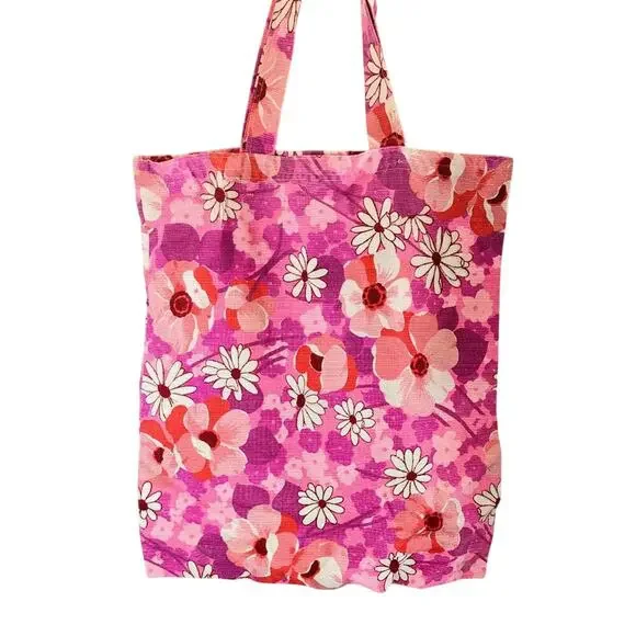 Bright Pink Floral Poppy Daisy Retro Print Fabric Tote Bag Unbranded - Picture 1 of 4